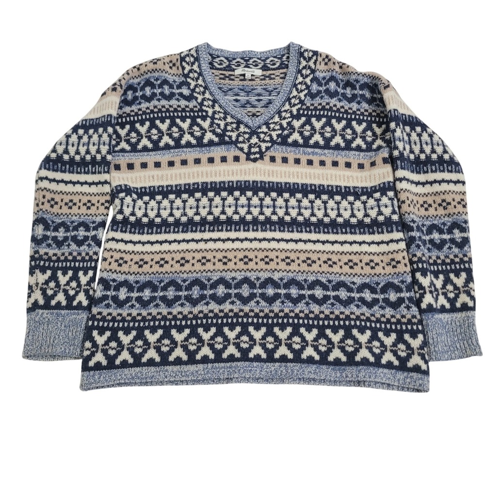 Madewell XS Fair Isle Sweater Womens Blue Tan Wool Blend V-Neck Pullover